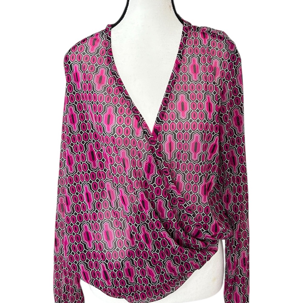 INC International Concepts Fuchsia and Black Wrap Blouse